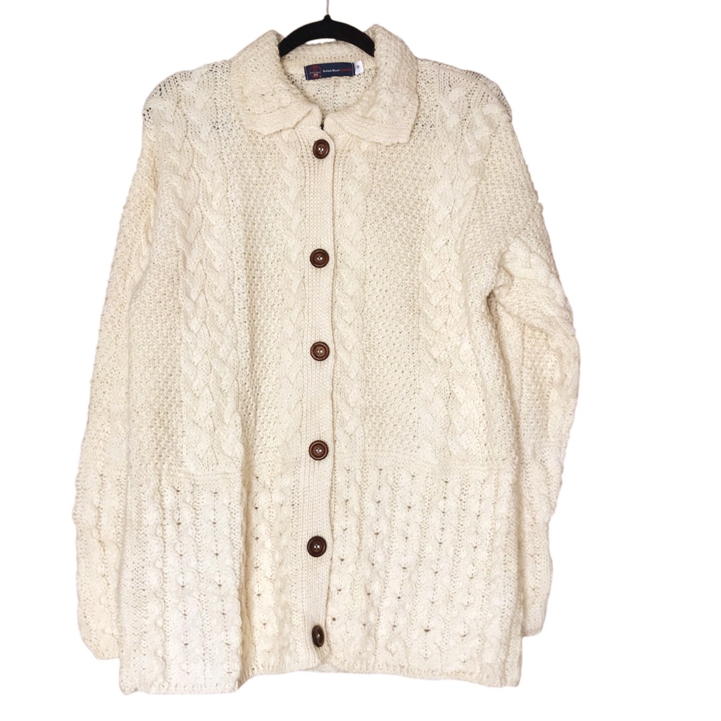 British Wool Naturally 100% Cream Aran Cable Knit Button Front Cardigan Sweater